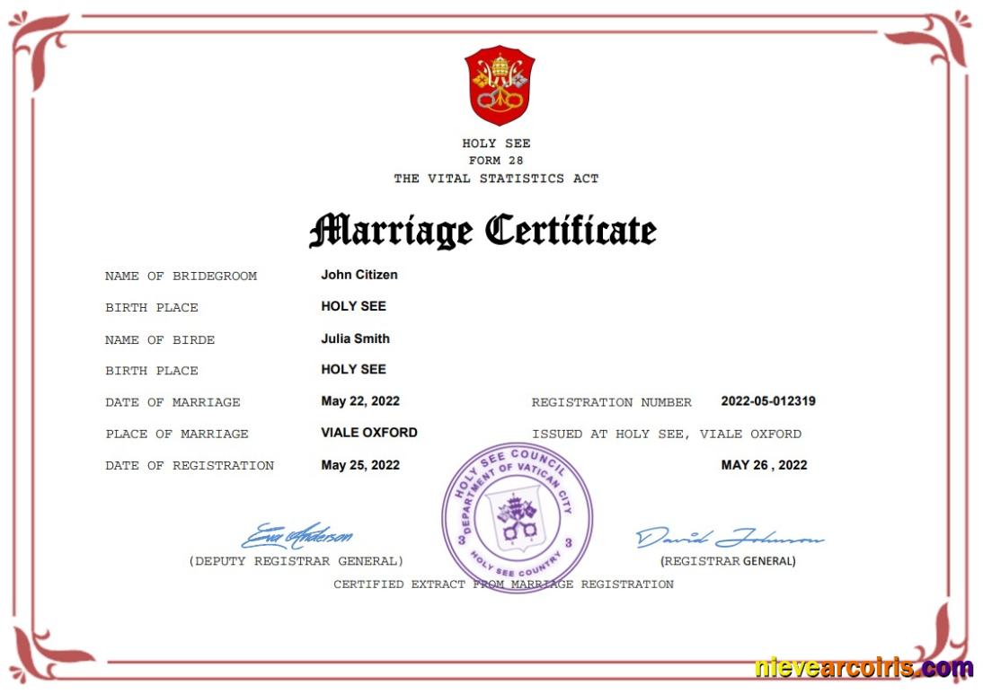 Holy See marriage certificate